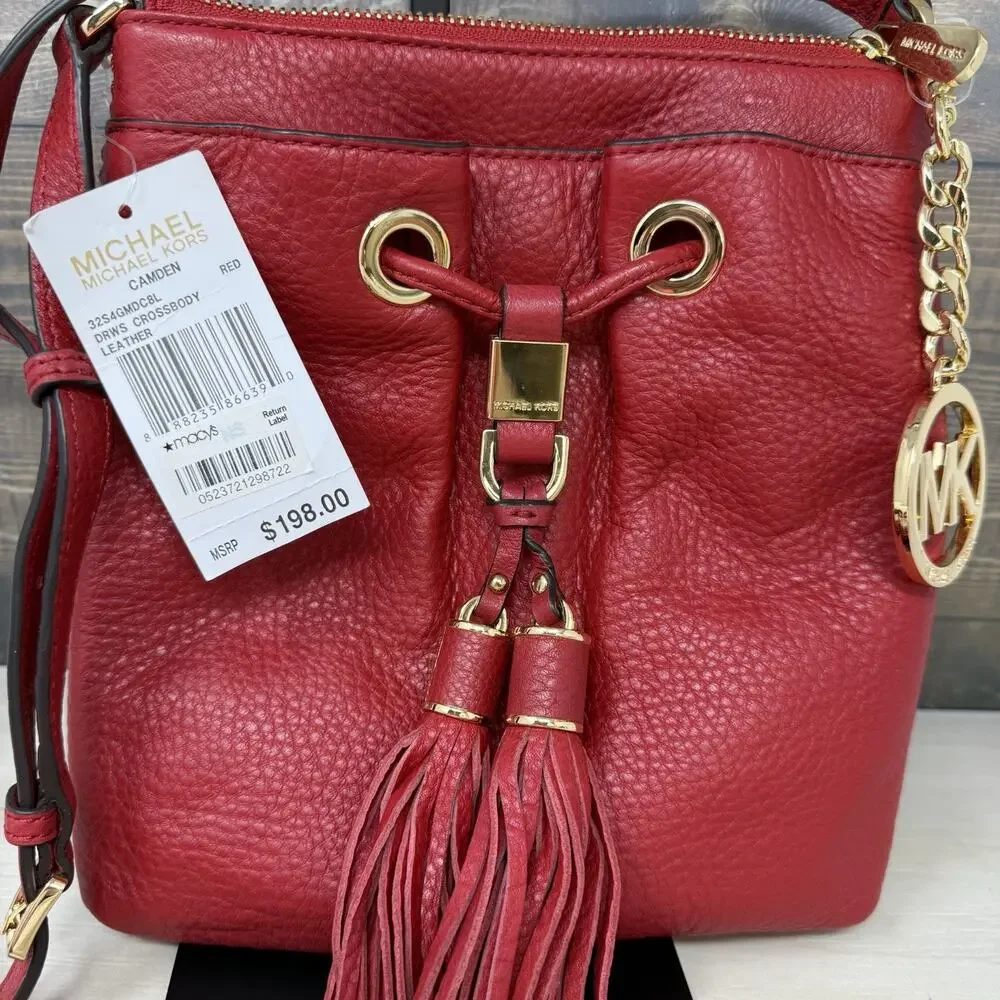 Michael Kors Camden Red Leather Drawstring Crossbody Bag